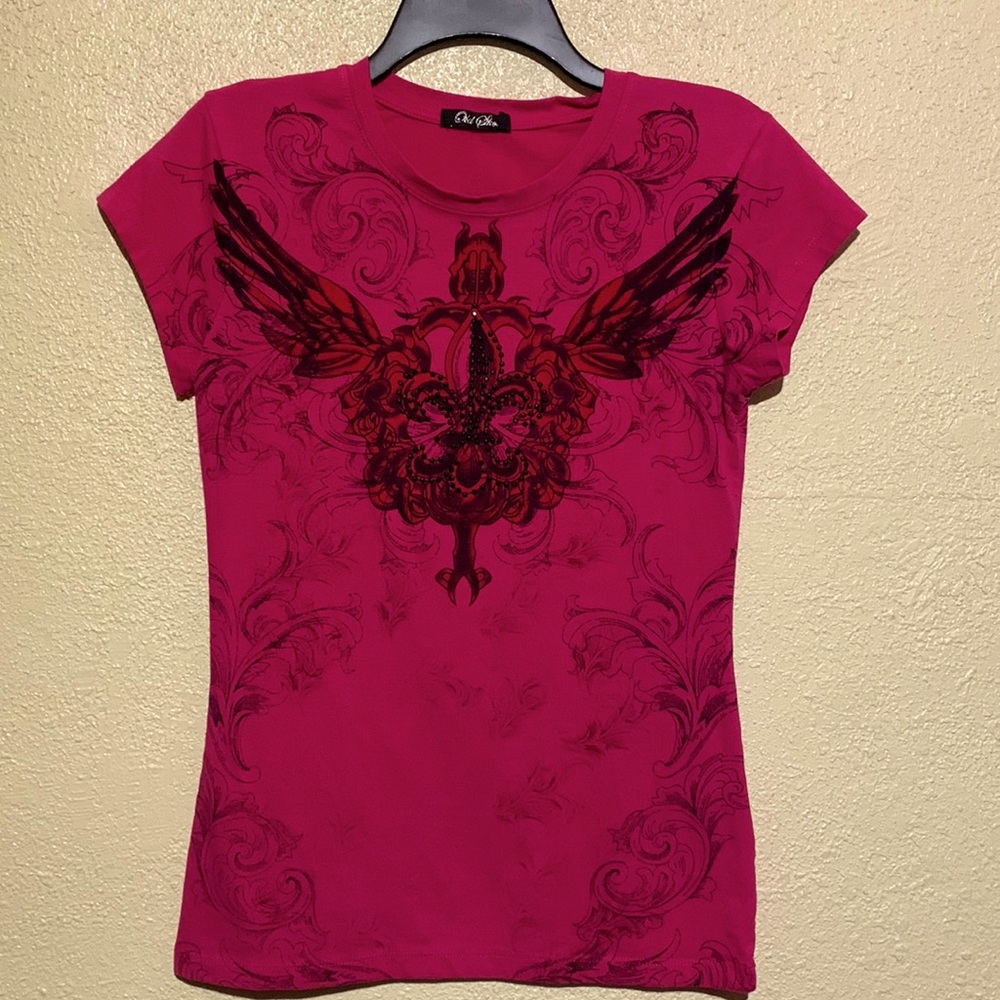 Old School Top Tee T-Shirt Pink Black M Embellished Wings Stretchy Pullover